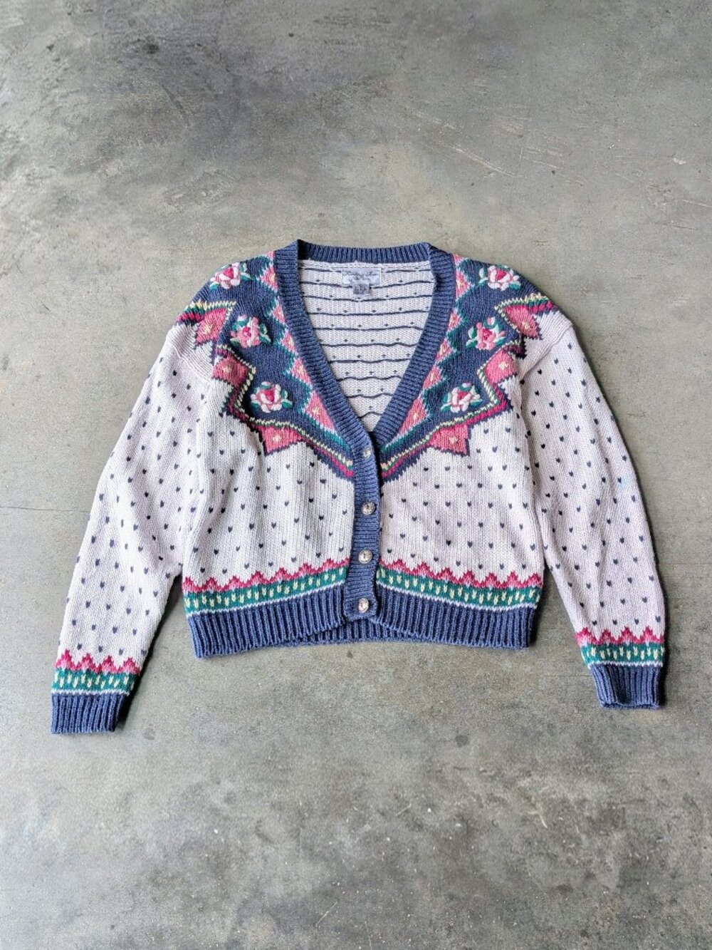 Vintage Coastal Grandma Embroidered Floral Knit Cardigan Sweater large